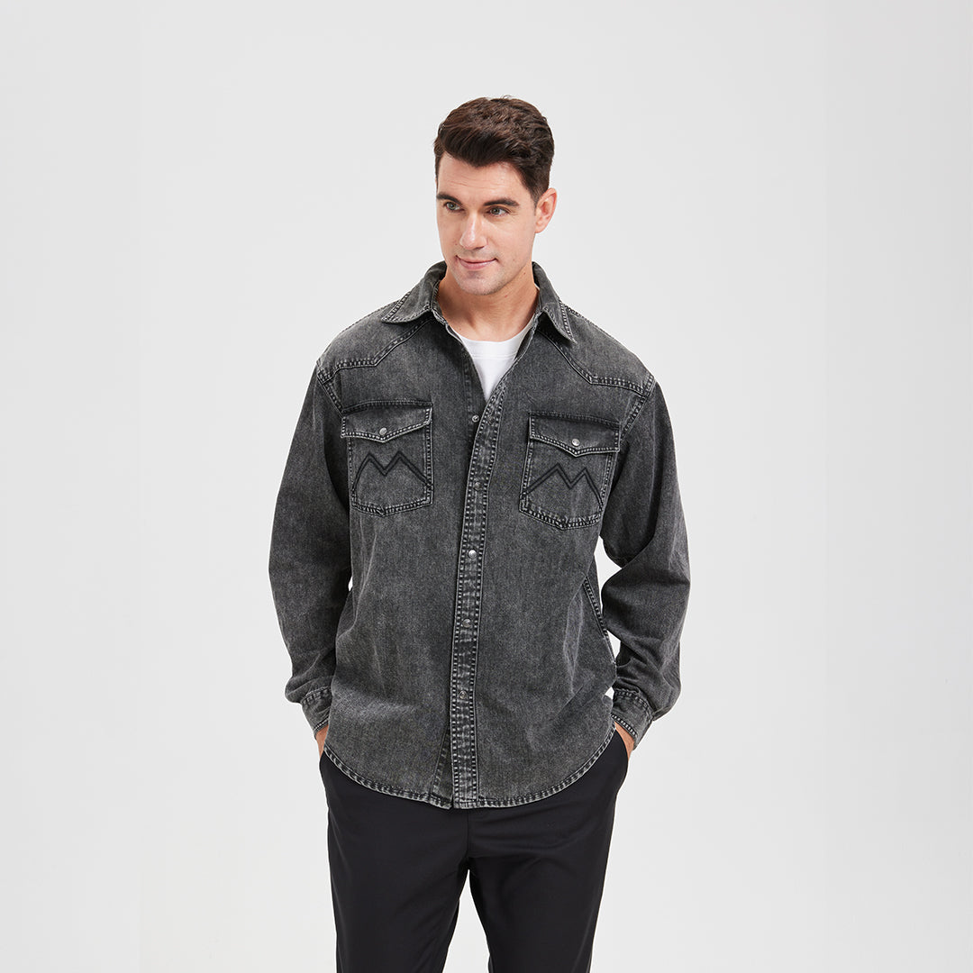 JiaQi Forever 8oz Vintage - Style Snowflake Washed Distressed Denim Shirt