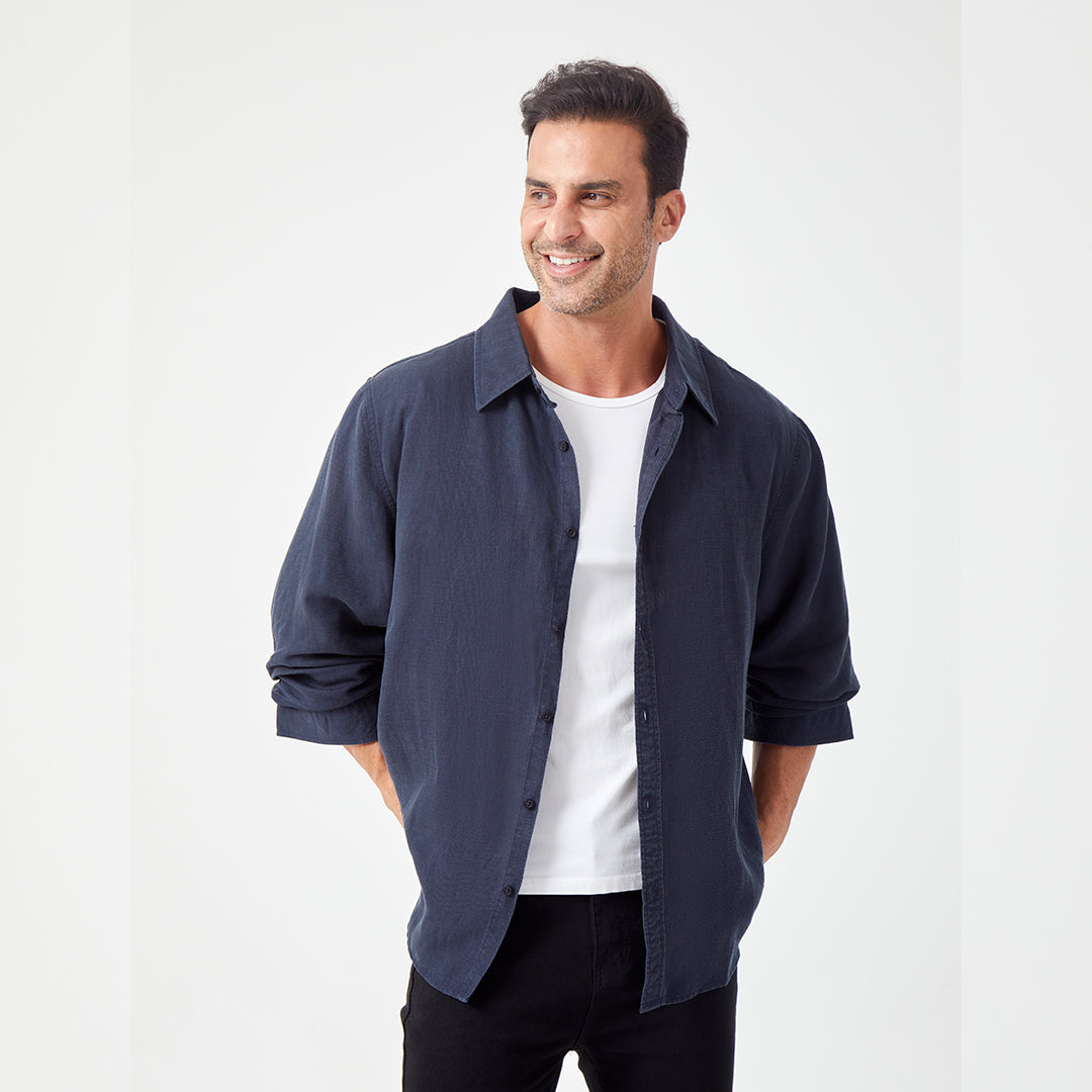 JiaQi Forever Linen - Tencel Double - Layer Three - Quarter Sleeve Tailored Shirt