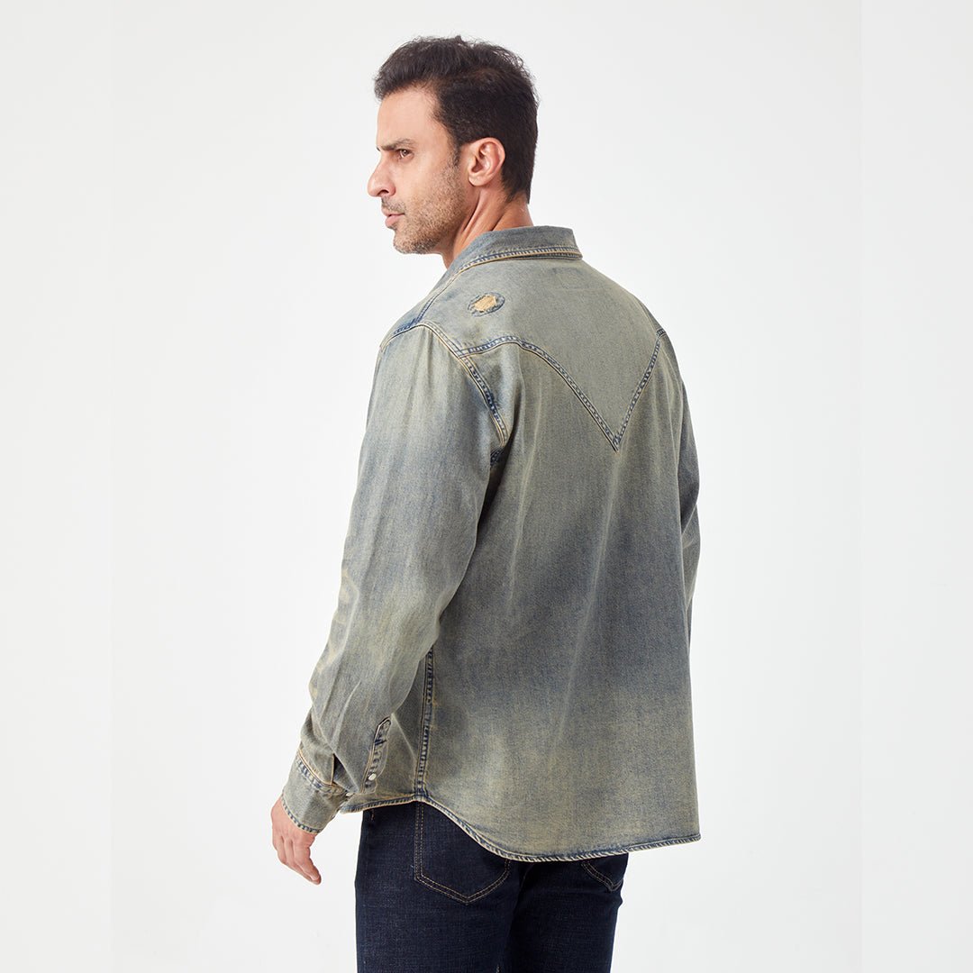JiaQi Forever Vintage - Inspired Heavy Washed Denim Shirt with Multiple Distressed Holes