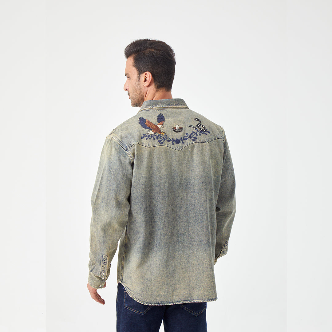 JiaQi Forever Premium Embroidery Vintage Heavy Washed Denim Shirt