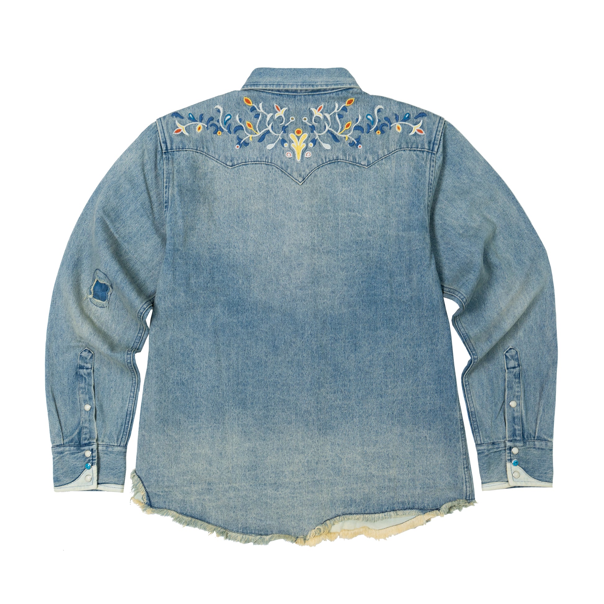 JiaQi Forever 12oz Floral Micro - Stitch Embroidery Heavy Washed Denim Shirt