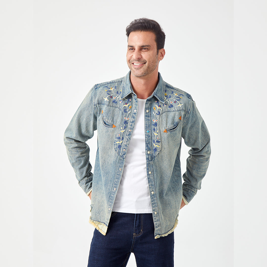 JiaQi Forever 12oz Floral Micro - Stitch Embroidery Heavy Washed Denim Shirt