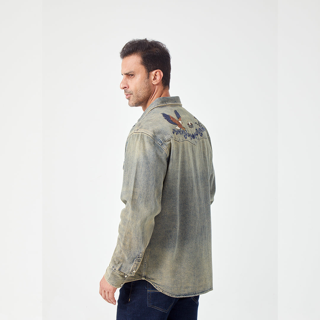 JiaQi Forever Premium Embroidery Vintage Heavy Washed Denim Shirt