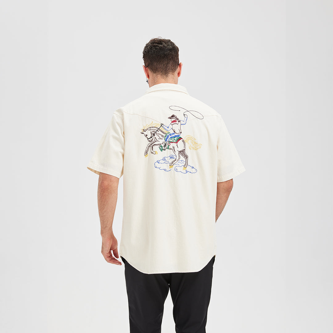 JiaQi Forever Premium Embroidery Raw Cotton Denim Short-Sleeve Shirt