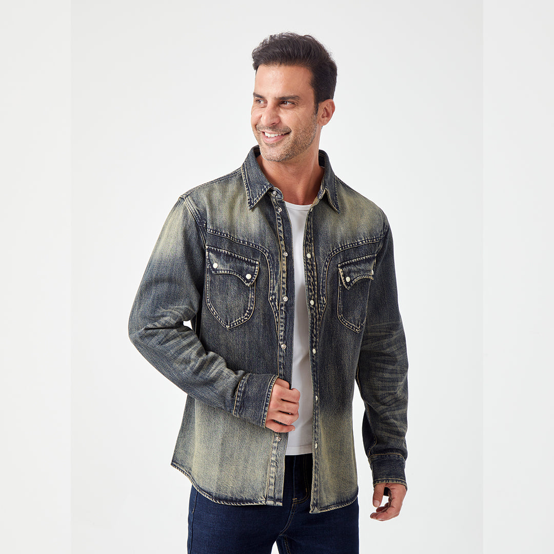 JiaQi Forever 12oz High - Density Slubbed Denim Shirt with Heavy Wash