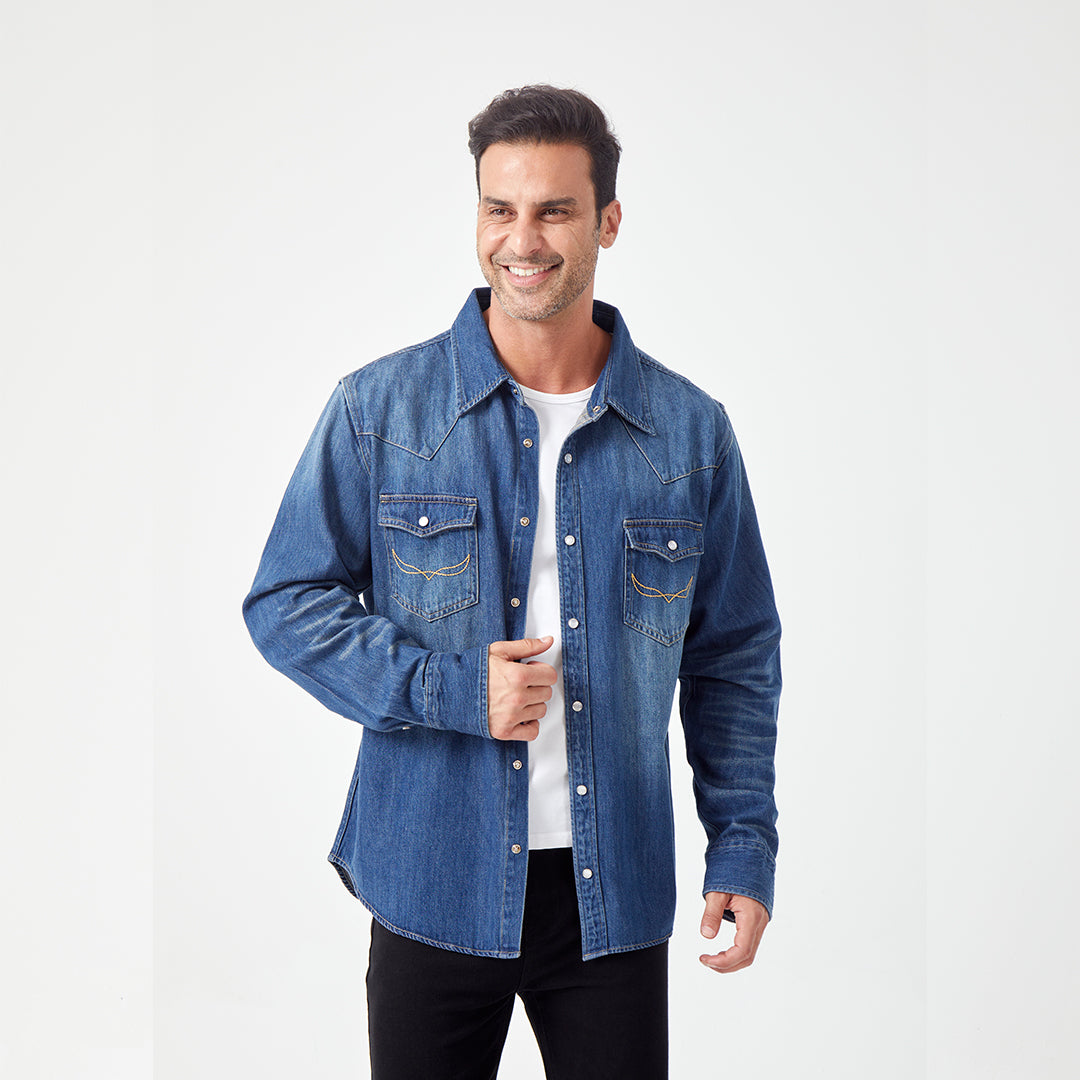 JiaQi Forever 10oz Heavy Washed Hand - Rubbed Cat's Whiskers Denim Shirt