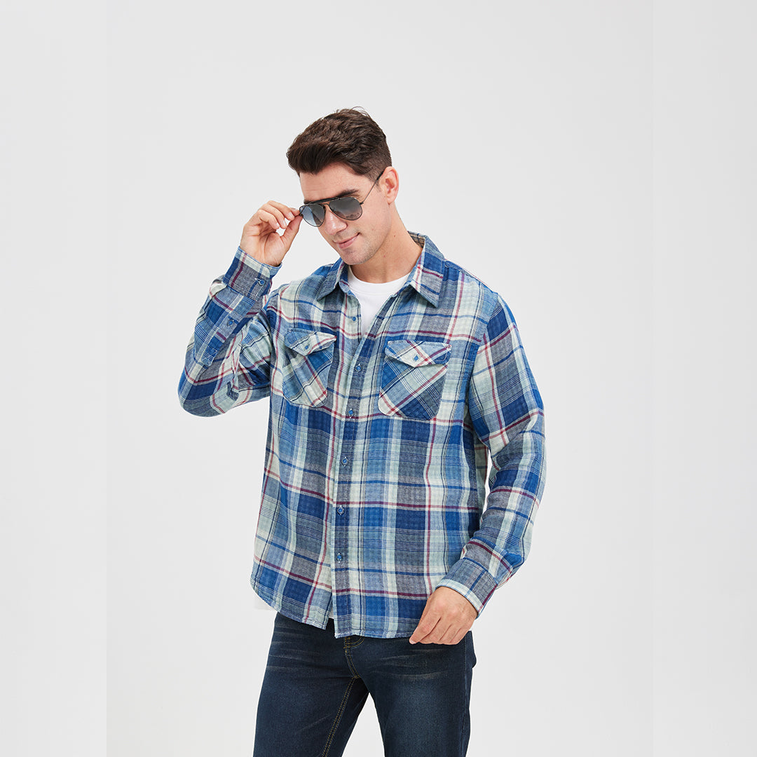 JiaQi Forever Simple Casual Double - Layer Yarn Cotton Plaid Shirt
