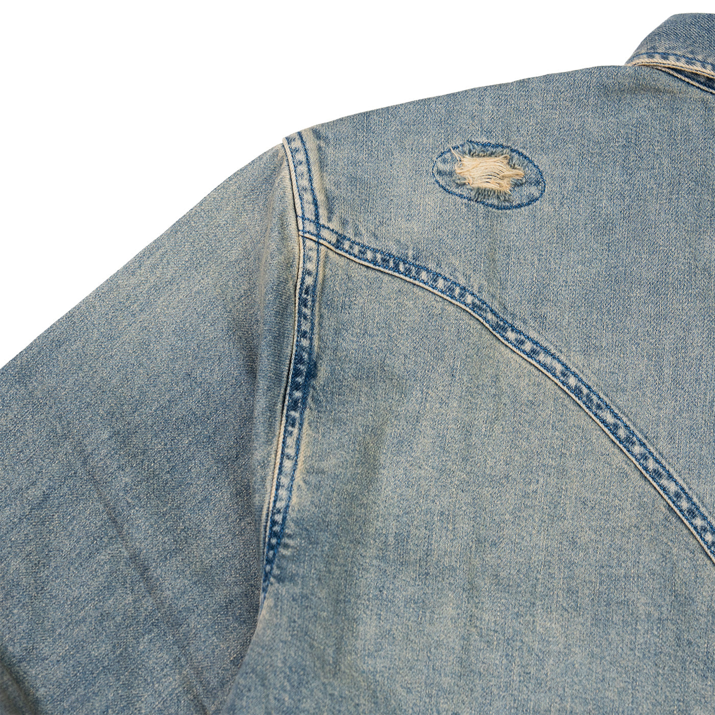JiaQi Forever Vintage - Inspired Heavy Washed Denim Shirt with Multiple Distressed Holes
