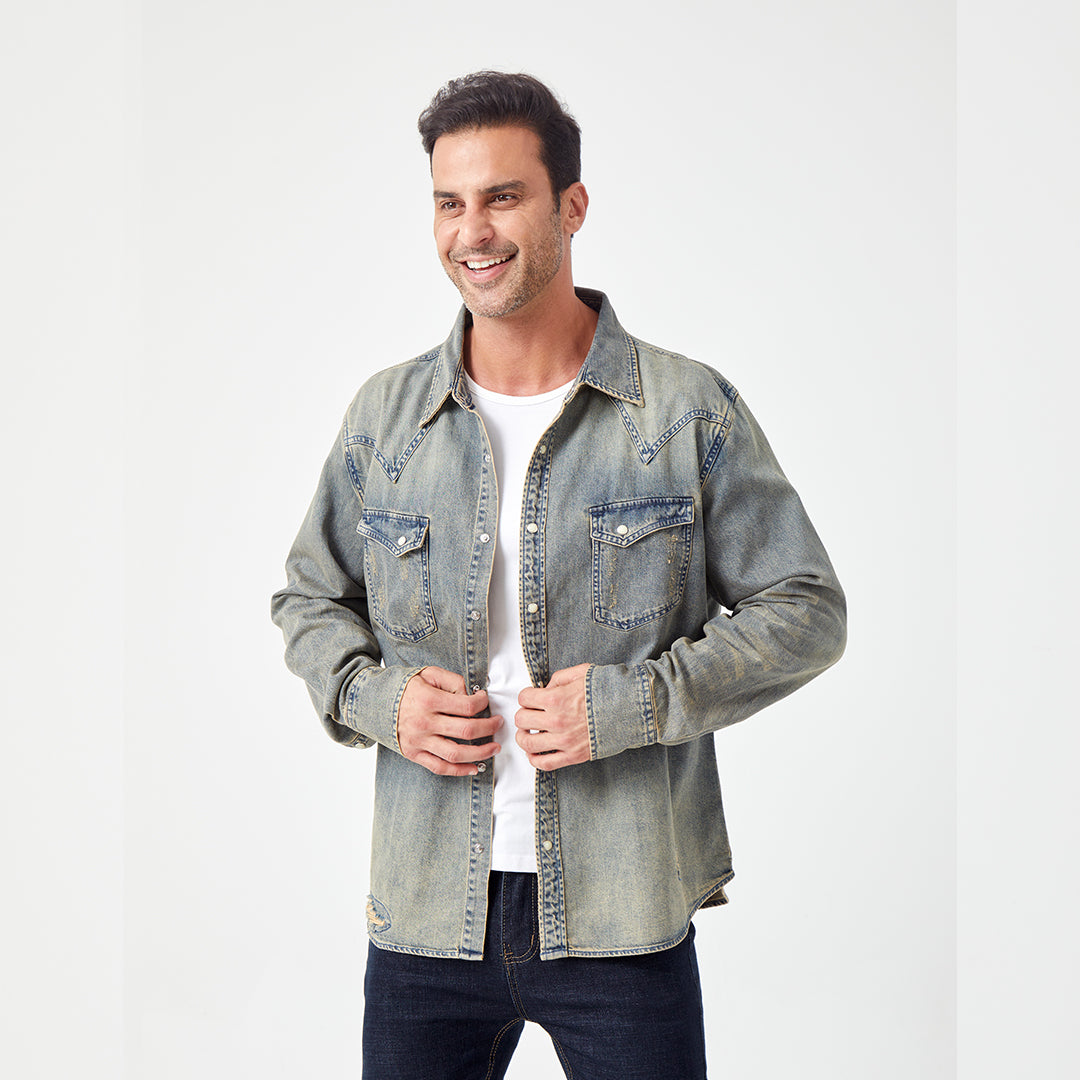JiaQi Forever Vintage - Inspired Heavy Washed Denim Shirt with Multiple Distressed Holes
