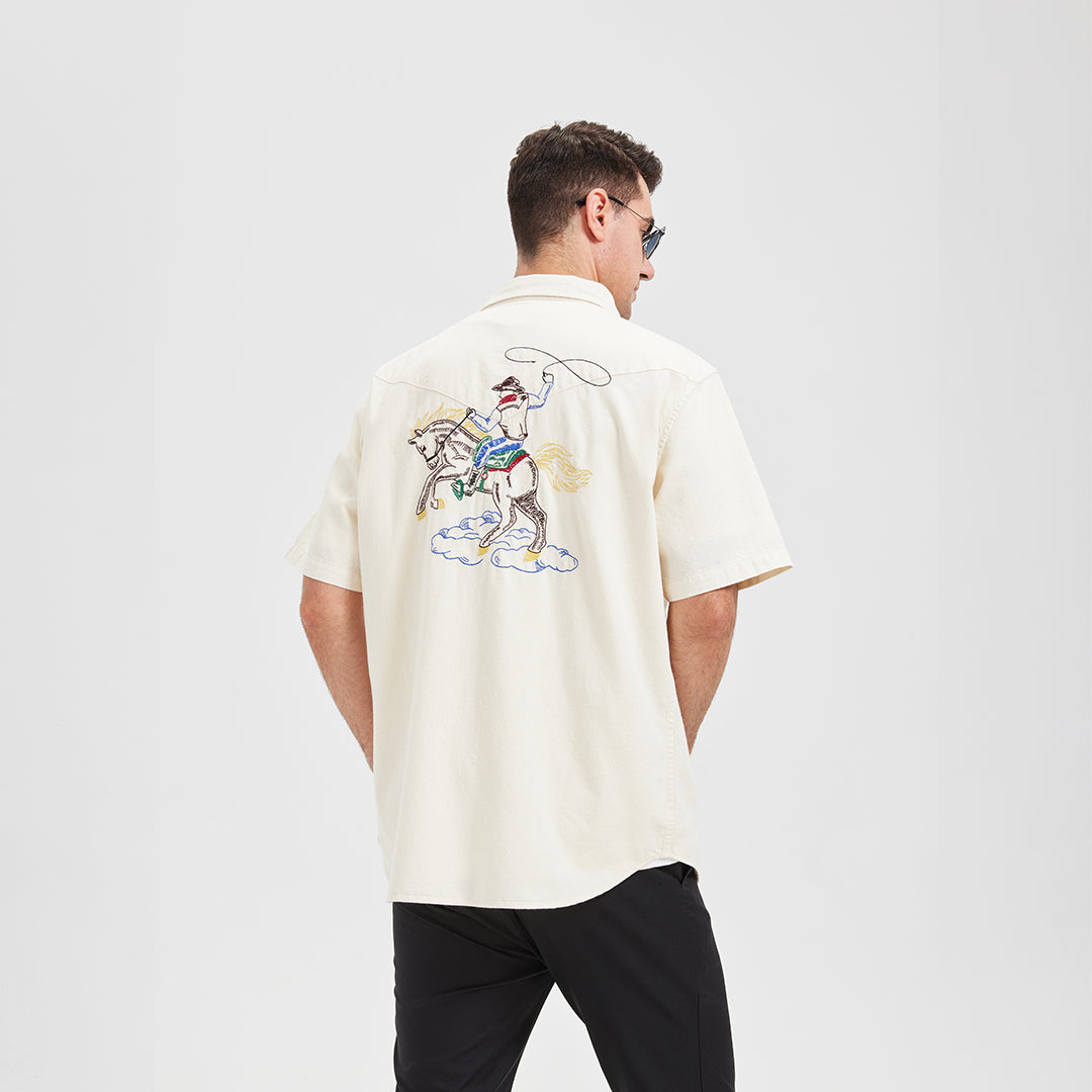 JiaQi Forever Premium Embroidery Raw Cotton Denim Short-Sleeve Shirt