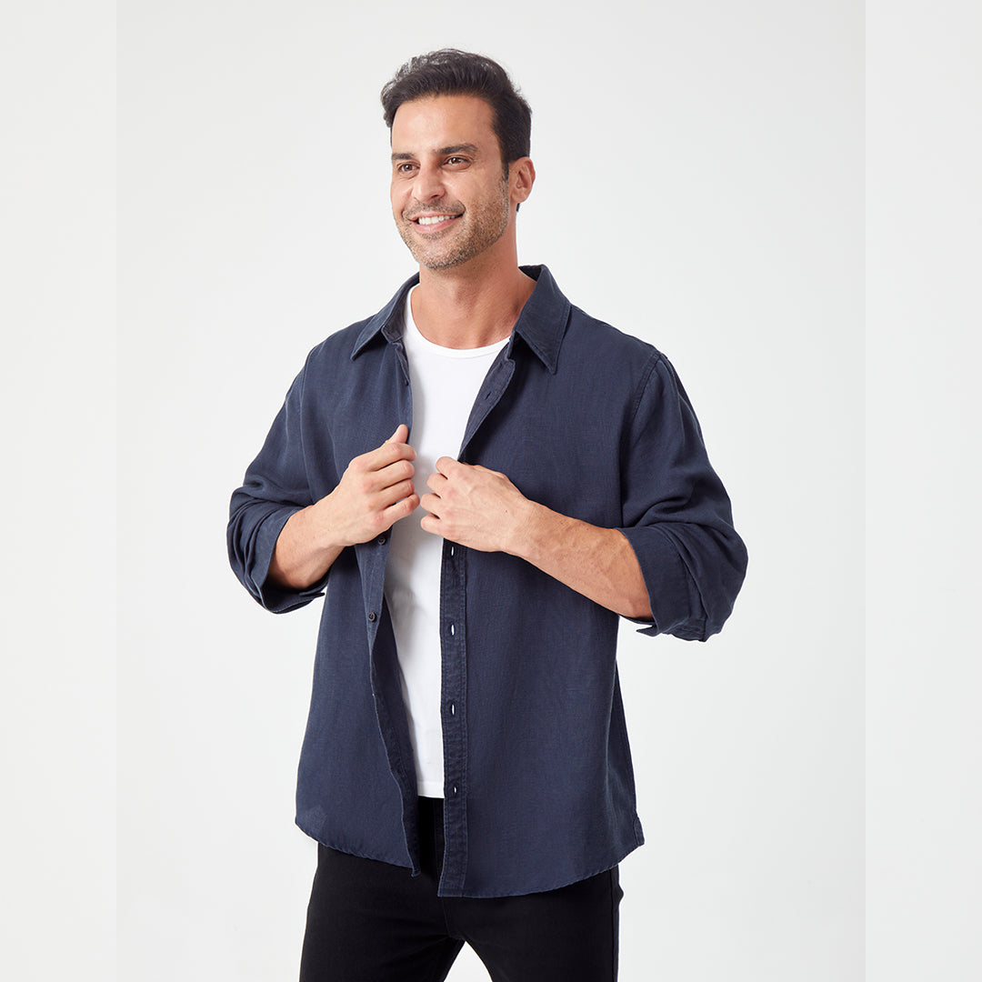 JiaQi Forever Linen - Tencel Double - Layer Three - Quarter Sleeve Tailored Shirt