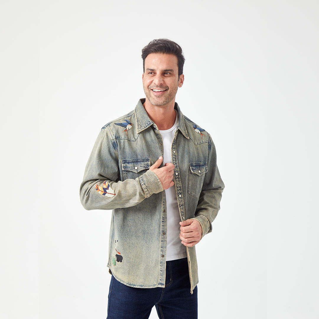 JiaQi Forever Premium Embroidery Vintage Heavy Washed Denim Shirt