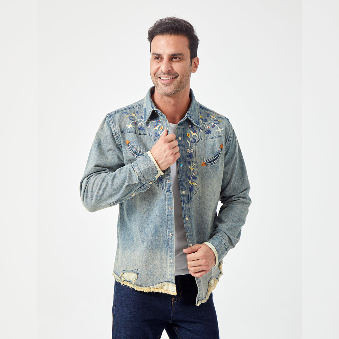 JiaQi Forever 12oz Floral Micro - Stitch Embroidery Heavy Washed Denim Shirt