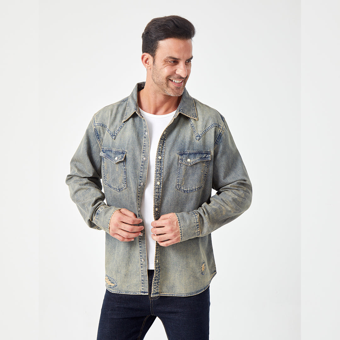 JiaQi Forever Vintage - Inspired Heavy Washed Denim Shirt with Multiple Distressed Holes