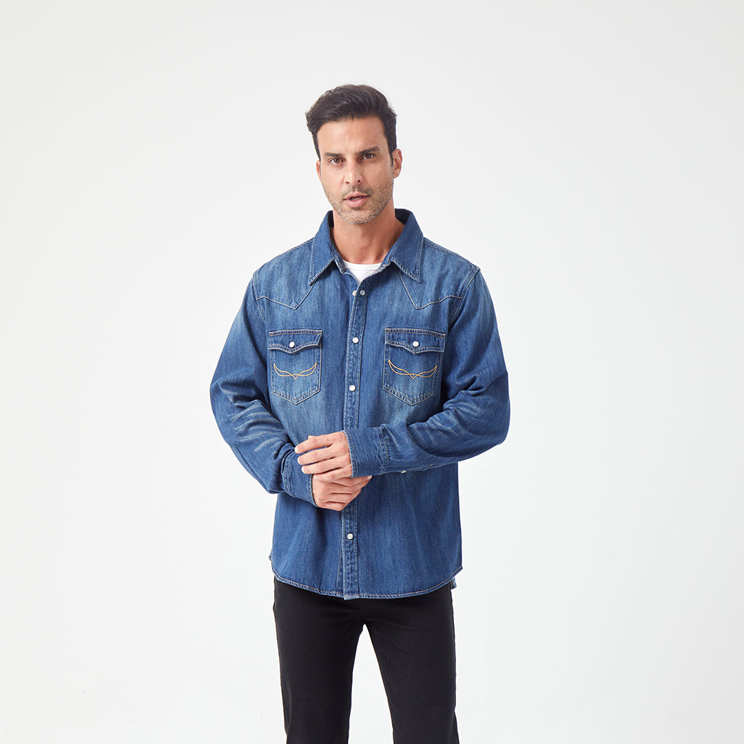 JiaQi Forever 10oz Heavy Washed Hand - Rubbed Cat's Whiskers Denim Shirt