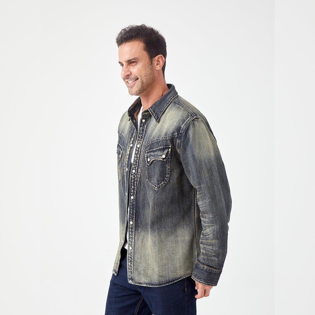 JiaQi Forever 12oz High - Density Slubbed Denim Shirt with Heavy Wash