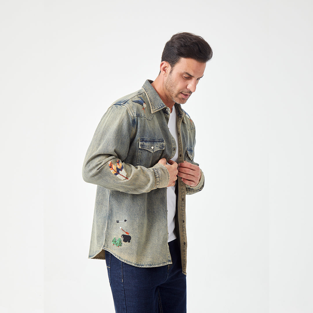 JiaQi Forever Premium Embroidery Vintage Heavy Washed Denim Shirt