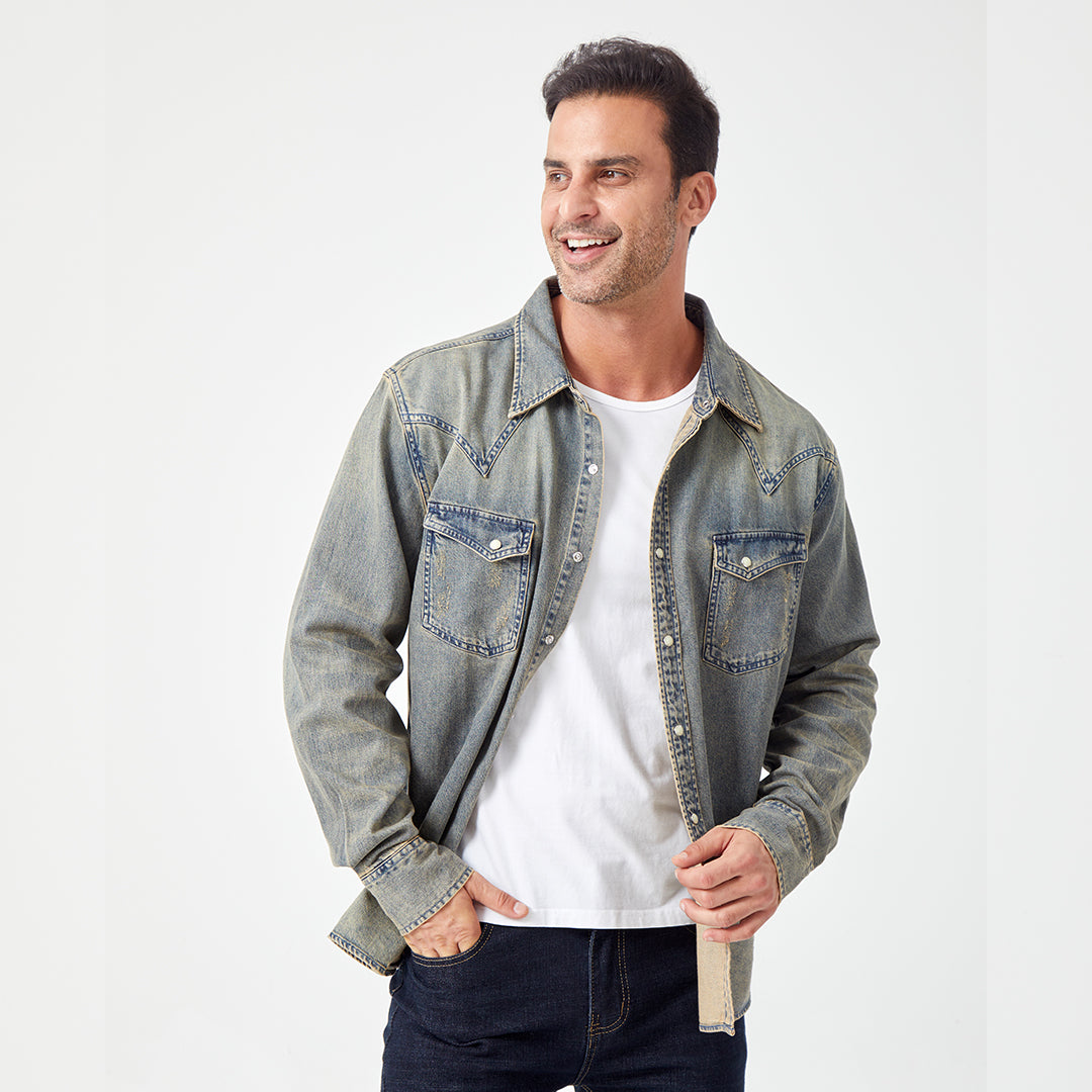 JiaQi Forever Vintage - Inspired Heavy Washed Denim Shirt with Multiple Distressed Holes